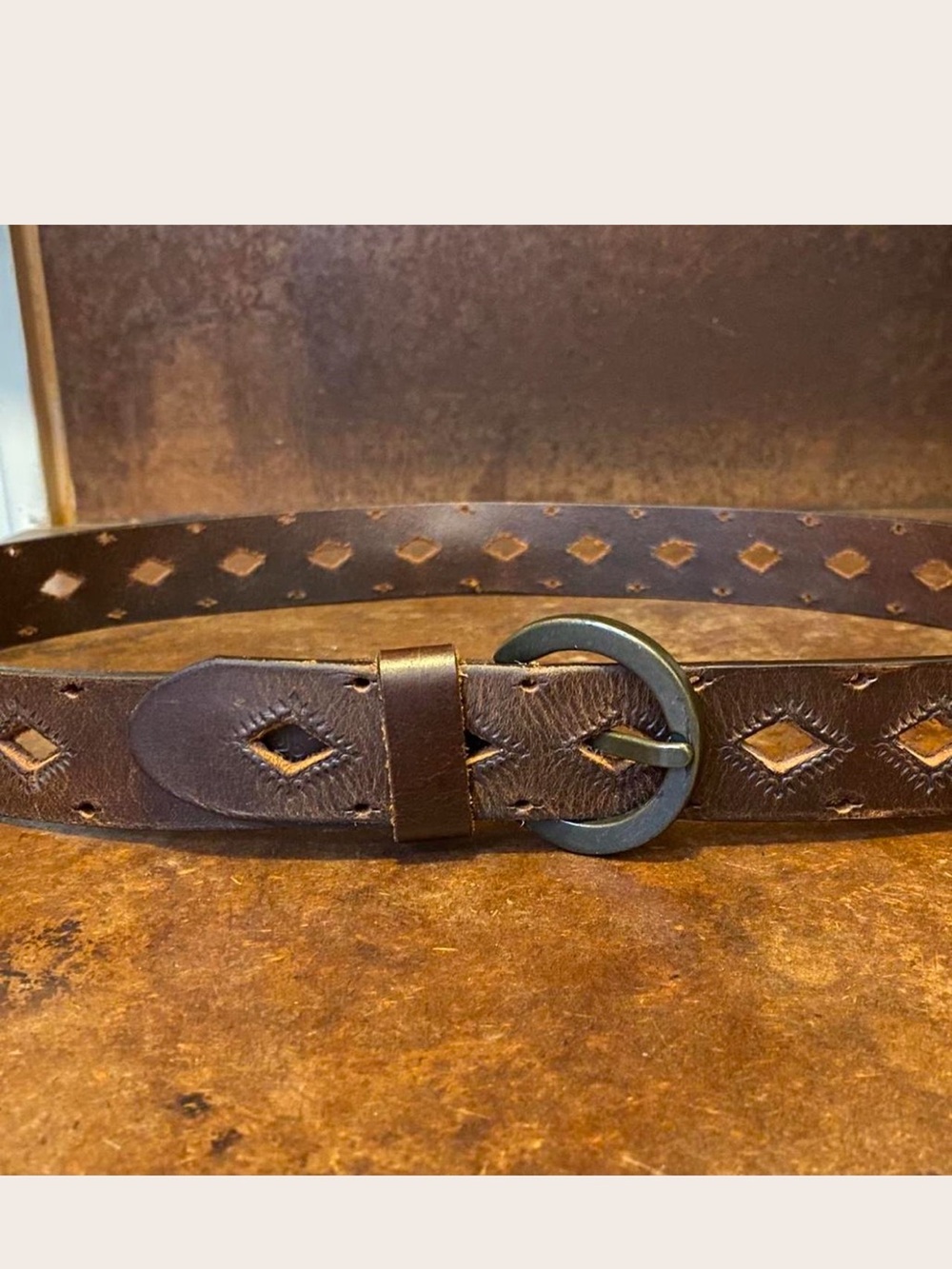 Brown Dockers Leather Belt with Diamond Adjustment Holes and Silver Buckle Boho